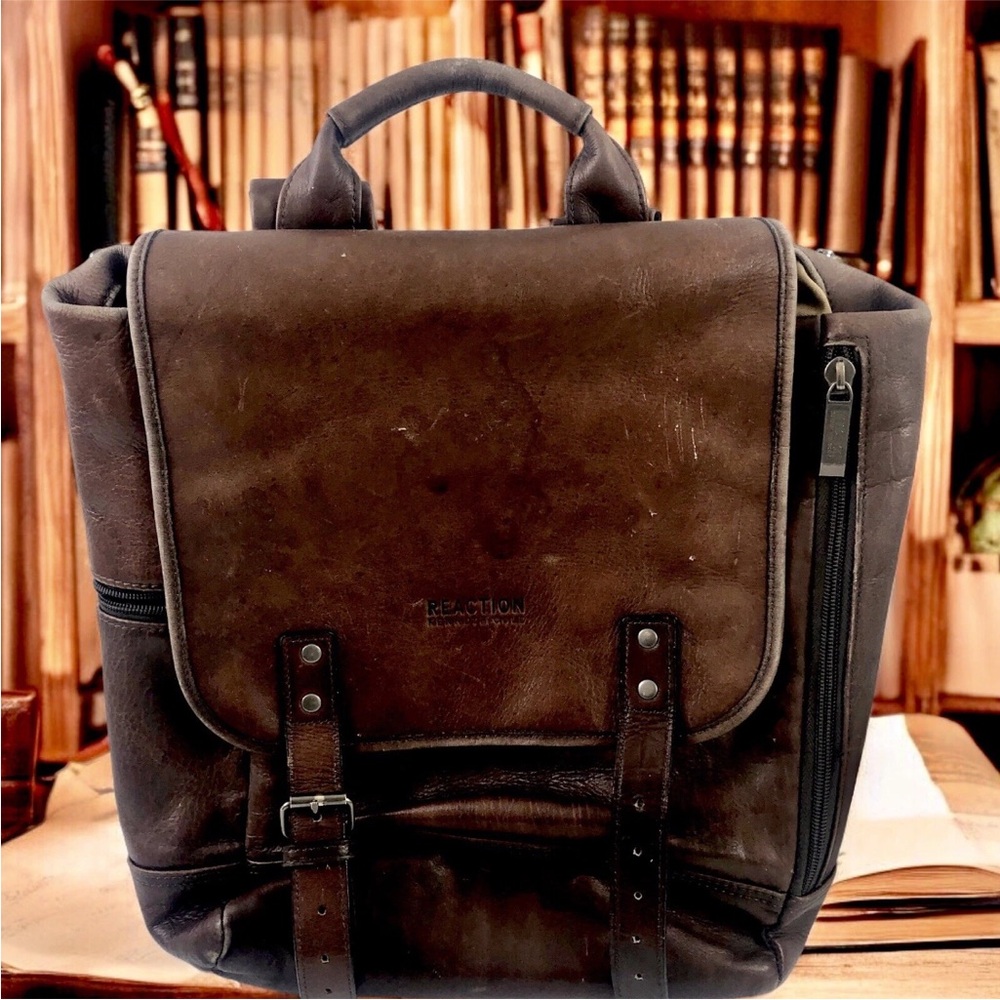 Kenneth Cole Reaction Brown Leather Backpack Laptop Bag Satchel
